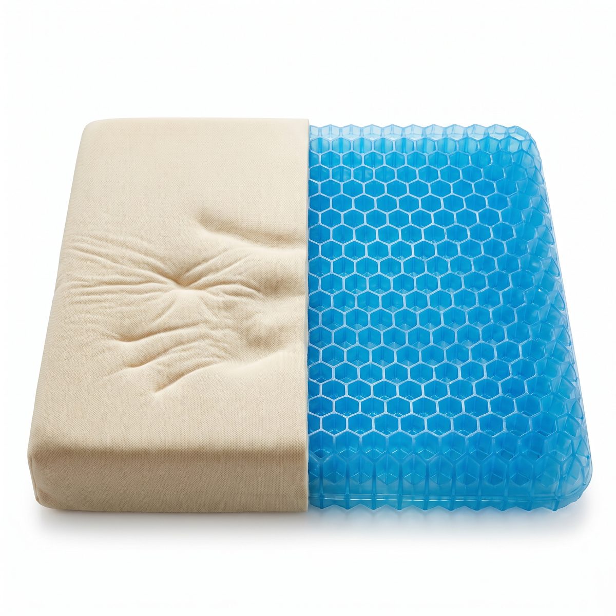 Comparaison : moitié mousse qui garde le creux, moitié gel qui reprend sa forme