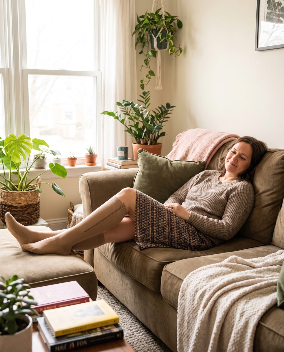 Une femme bien installée, jambes légères, portant les bas de compression