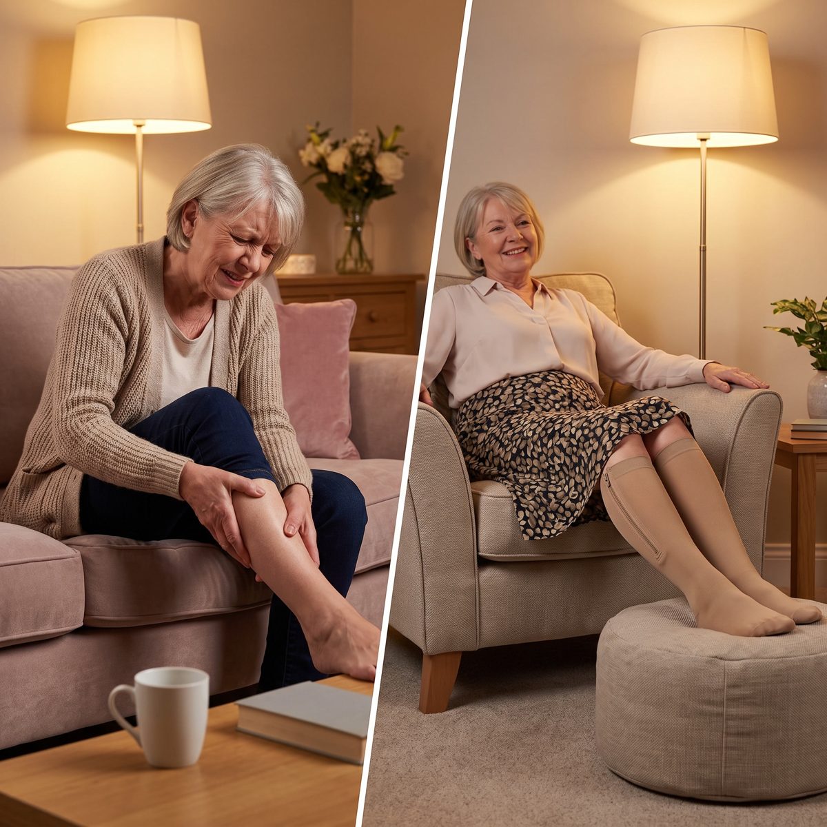 Avant : le soir, jambes lourdes à masser. Après : jambes légères, détendue
