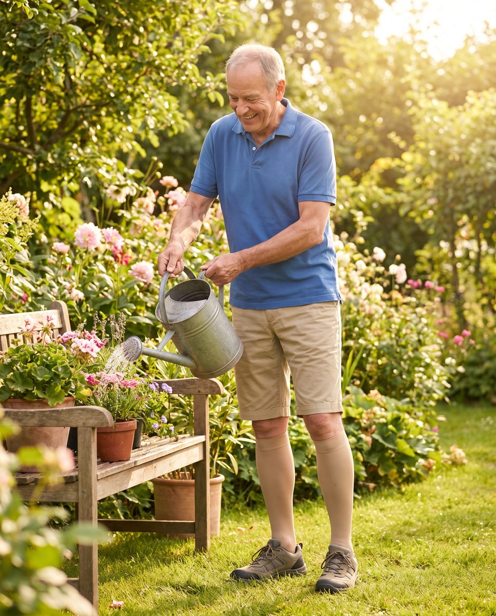 Un homme actif et à l'aise dans son jardin, jambes légères