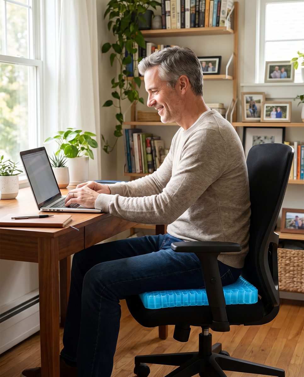 Un homme au bureau, bien installé sur le coussin en gel de sa chaise