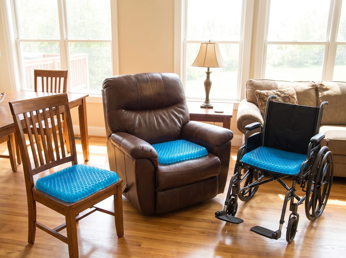 Le coussin en gel bleu posé tour à tour sur une chaise, un fauteuil et un fauteuil roulant