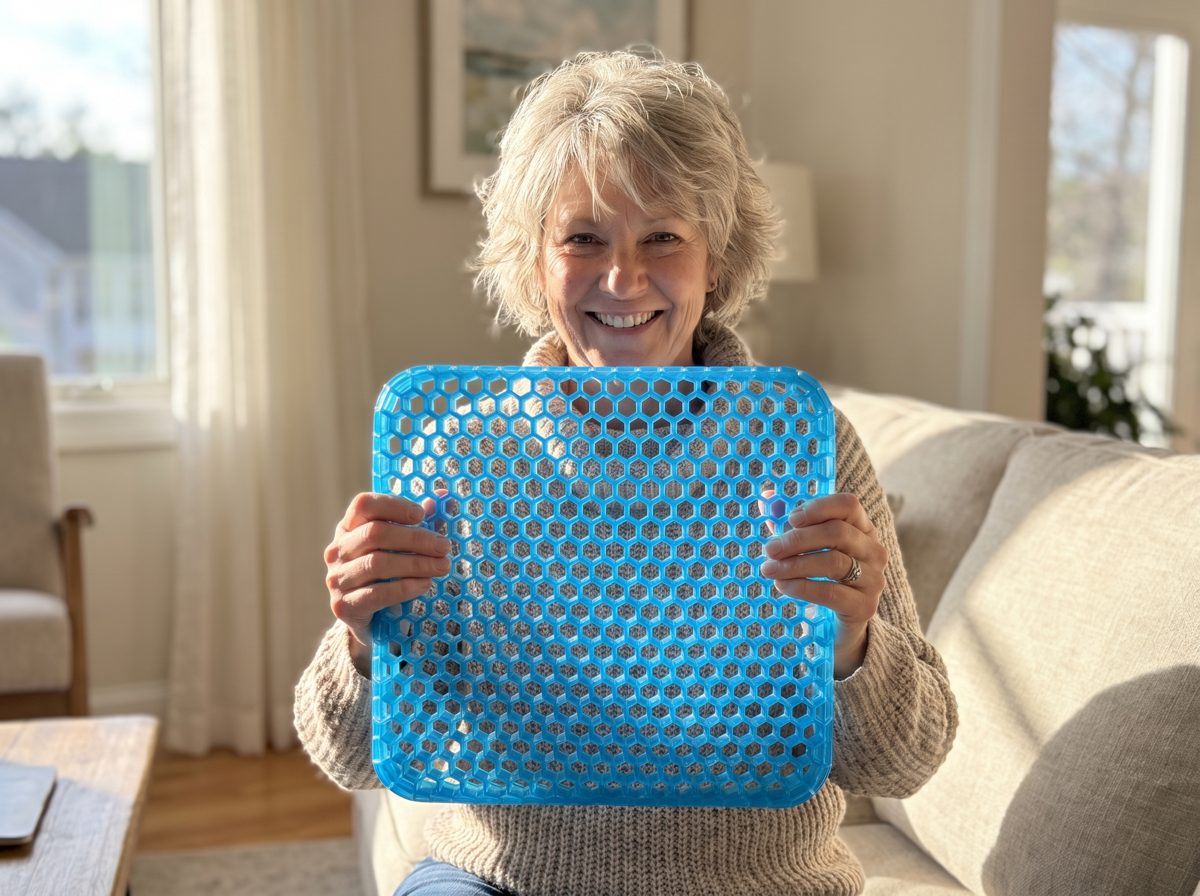 Une personne montre le coussin en gel alvéolé bleu