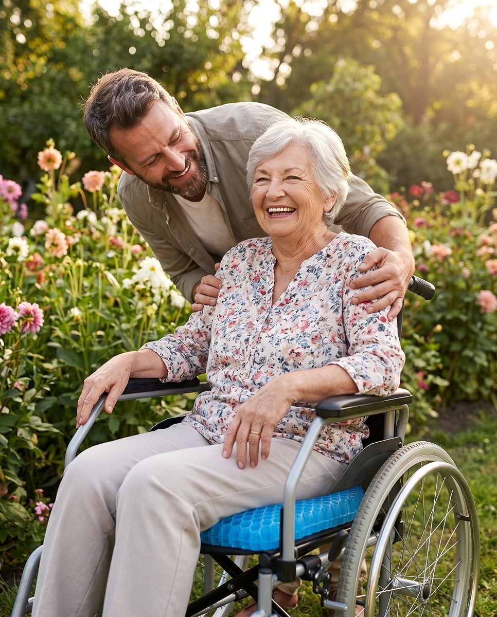 Une personne en fauteuil roulant, un proche près d'elle, coussin en gel sur l'assise