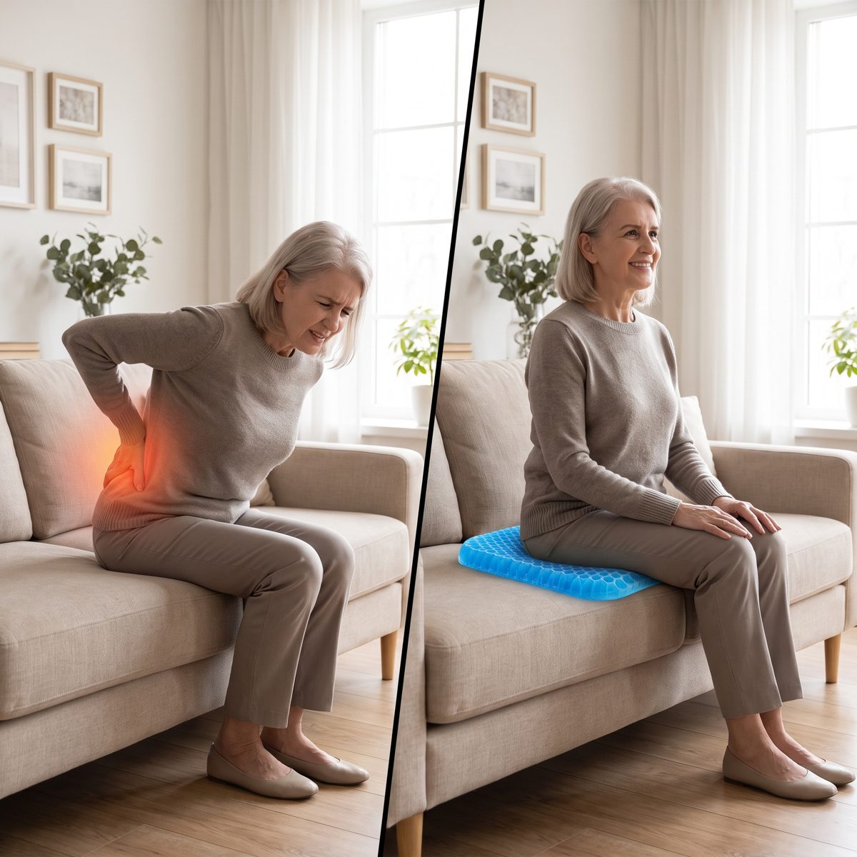 Avant : dos douloureux assise sur le canapé. Après : bien assise sur le coussin en gel